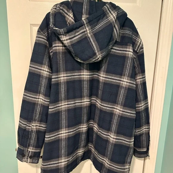 Men's Navy Plaid Sherpa-Lined Hooded Shirt Jacket - Picture 2 of 4